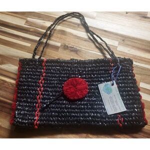 New Handmade Recycled Plastic‎ Bag Woven Black Red Purse Bag 14" Length Pompom